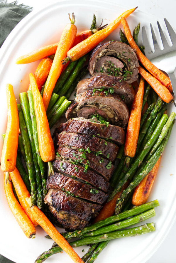 Overhead view of roasted mushroom stuffed flank steak