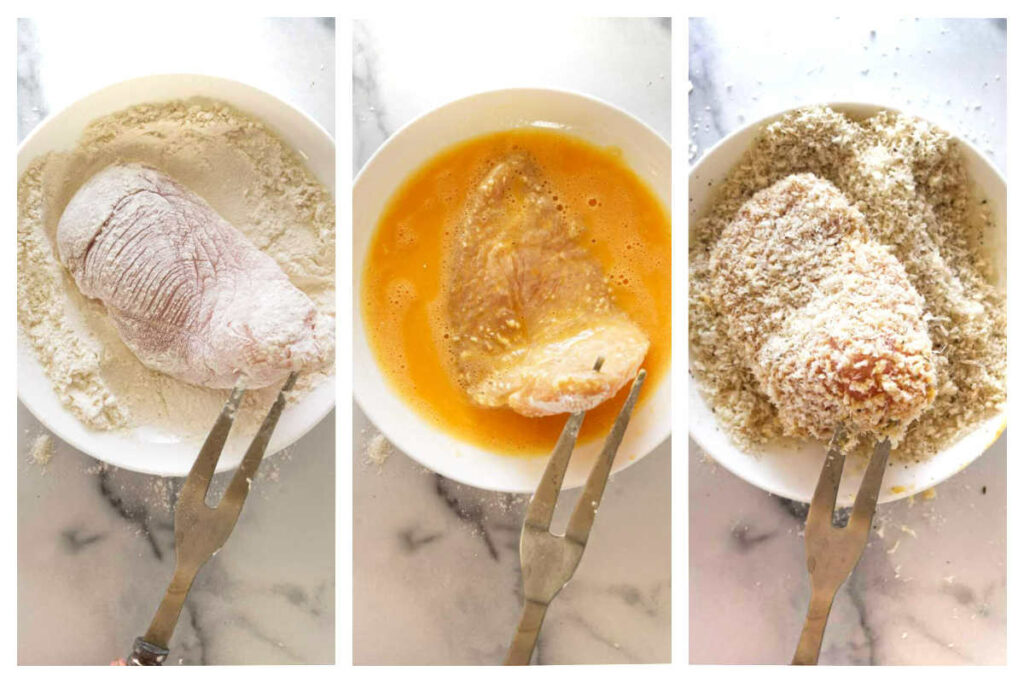 Dredging a chicken breast in flour, then an egg wash, then panko bread crumbs.