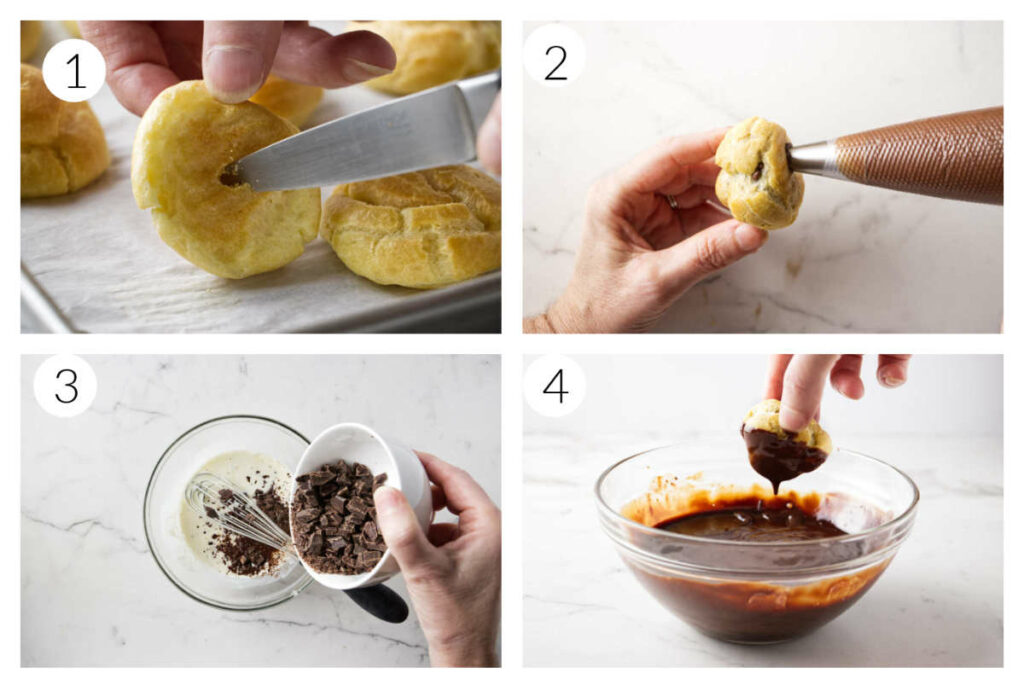 A collage of four photos showing how to finish making profiteroles.