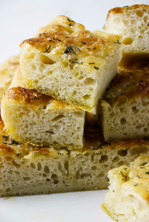 A stack of focaccia bread slices made with sourdough starter.